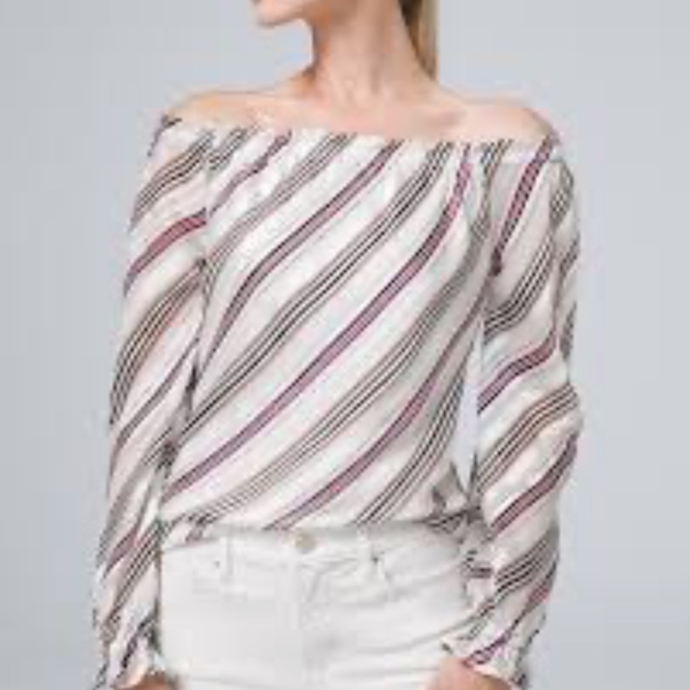 White House Black Market Off-Shoulder Striped Blouse in White, Black, Pink